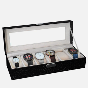 modern ontwerp lege-horlogebox-imitatie-krokodillenleer-zwart